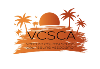 Orange VCSCA logo with sunset, palm trees, and beach